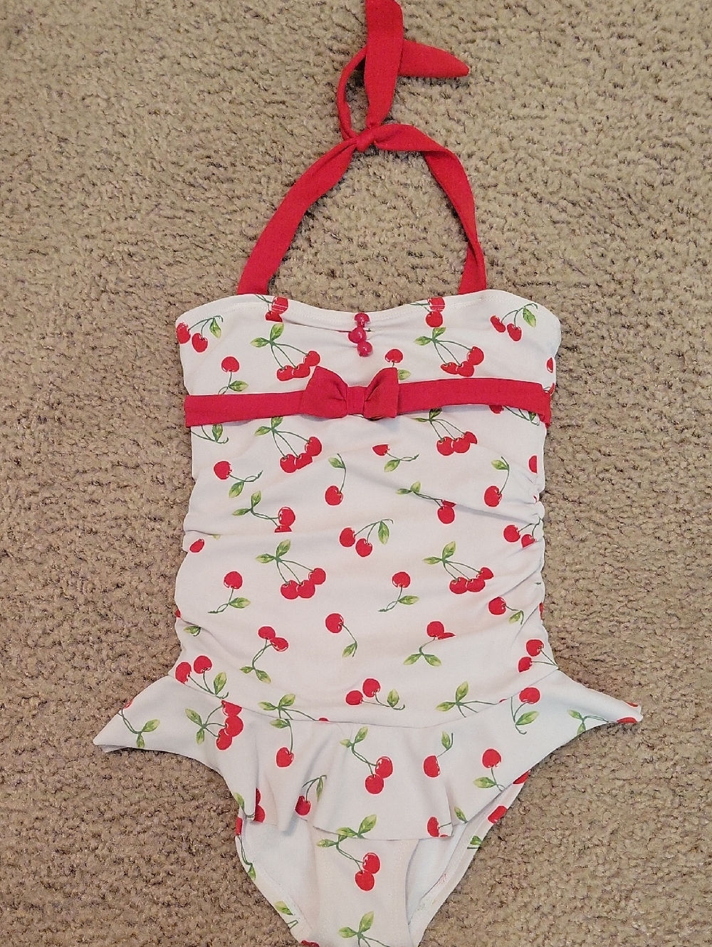 Janie And Jack Cherry Print One-Piece Swimsuit with Red Halter Tie Size4